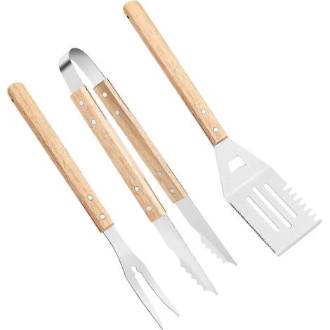 Ensemble d'accessoires pour barbecue  Ensemble de 3 ustensiles de barbecue avec manches en bois antirouille et design antidérapant, compatible avec les grillades-AquaForge