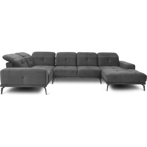 Canapé panoramique design SKAW velours - Têtières réglables A gauche-Gris chiné-Méridienne A gauche (1/5)