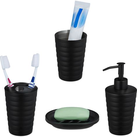 Relaxdays 4 Accessori Set Bagno Acciaio Inox Spazzolato, Porta Spazzolino e Dentifricio, Sapone e Saponetta, Nero (1/5)