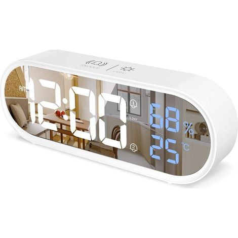 Réveil numérique miroir, horloge LED, grand affichage de l'heure, de la température et de l'humidité, 40 mélodies, fonction snooze, chargement USB, blanc (1/4)