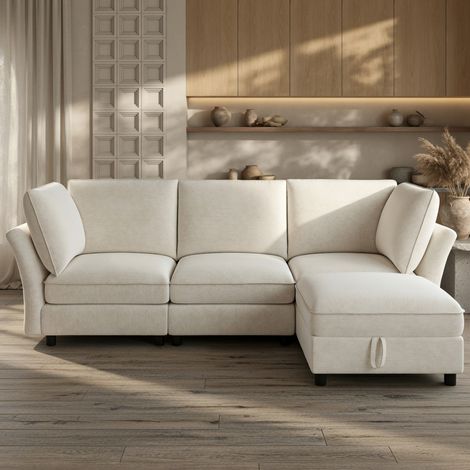 Canapé d'angle en L, 4 places, avec pouf de rangement, rembourrage moelleux, tissu chenille, livré avec 2 coussins d'accoudoir,beige (1/5)