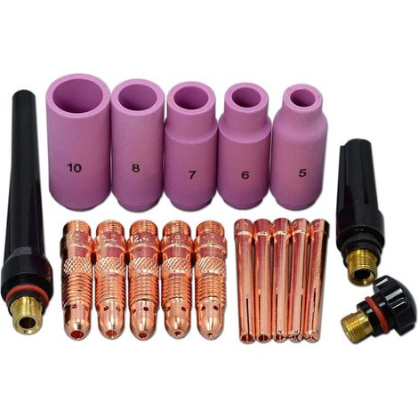 18 pièces accessoire de chalumeau de soudage, kit de remplacement pour buses céramique, bouchons PTFE, corps de pince et clips d'électrode (1/2)
