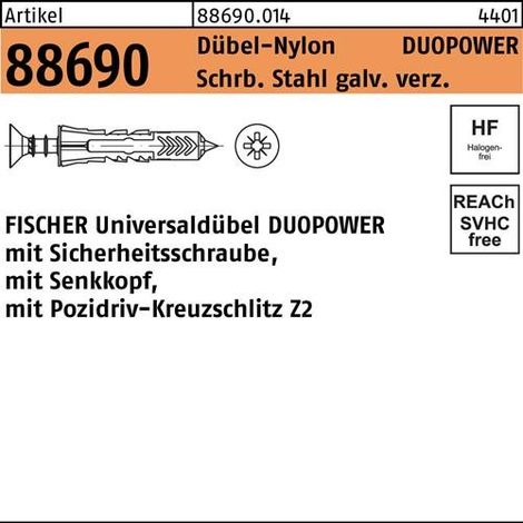 Dübel R 88690 SEKO-Schr. DUOPOWER 6x30 S Schr.verz./Dübel-Nylon 50St. FISCHER