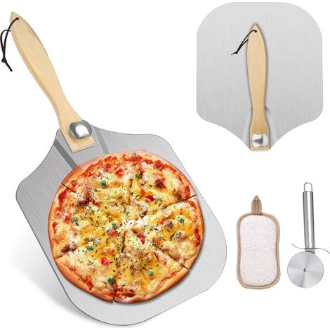 1 Pelle à Pizza, Support Aluminium, Poignée Bois Pliable, Coupe-pizza, Cuisson Four