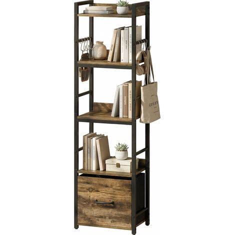 Schmale, vierstöckige Bücherregale mit Schublade und acht Haken, 39 x 26 x 136,5 cm, rustikal braun