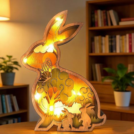 LED Décoration de Table de Pâques en Bois Ornement,Décoration Lapin de Pâques en Bois,Lampes de Lapin de Pâques,Décoration de Table à LED,Lapins Artisanat,Décoration de Fête de Pâques (1/5)