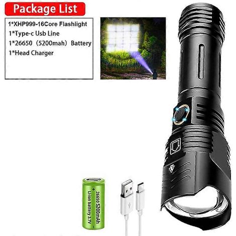 Lampe torche LED puissante 10 000 m XHP999 XHP50.2, lampe torche haute puissance rechargeable pour activités tactiques extérieures, batterie 18650, USB, lampe de camping P999 B (1/5)