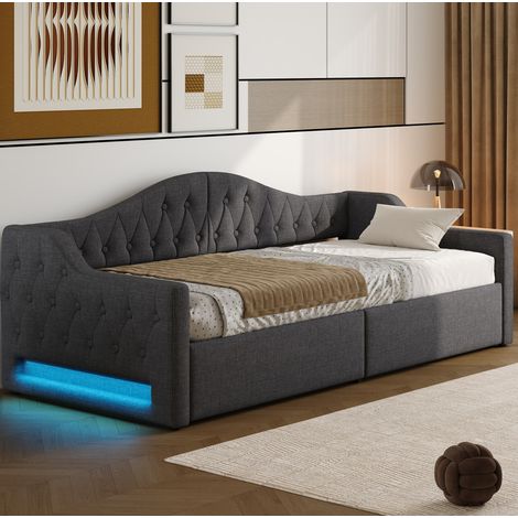 Cama de día tapizada 90x200 cm moderna gris, MDF y contrachapado, con cabecero/laterales, LED 7 colores y almacenaje (1/5)