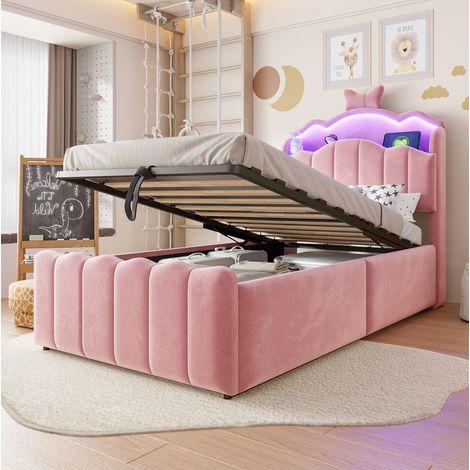 Cama infantil con arcón 90x200 cm con LED, USB y USB-C, almacenamiento hidráulico y cabecero con almacenaje, terciopelo - rosa (1/5)