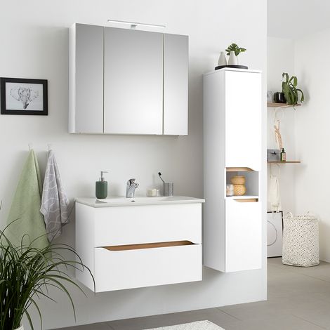 Badezimmer Set mit Keramik Waschbecken QUEIMADOS-66 in Weiß Glanz mit Weiß Hochglanz, B/H/T ca. 110/200/45 cm (1/5)