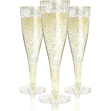 24 Einweg-Sektgläser aus Kunststoff  Partygläser aus goldglitzerndem Kunststoff  Transparente Glitzerbecher  Toastgläser aus Kunststoff --