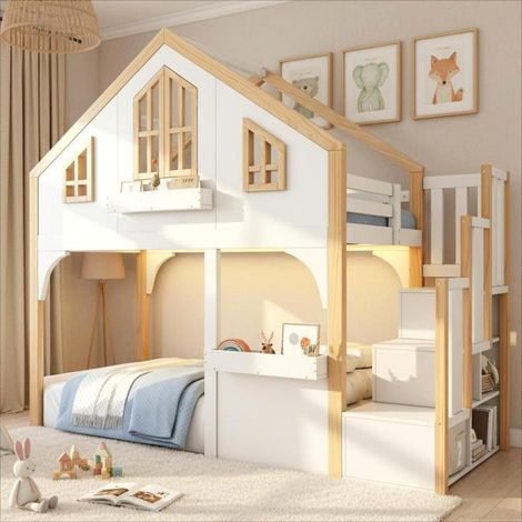 Pour dormir et jouer, lit mezzanine enfant avec escalier de rangement, LED et fenêtre 90x200 blanc naturel (1/5)