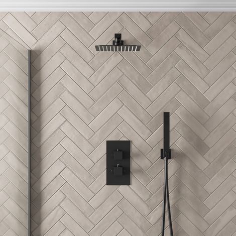 Thermostatic Mixer Shower Square Rainfall Head Handset Wall Mounted Modern Black (1/5)