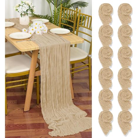 Lot de 12 chemins de table en gaze beige, 55x300 cm, tissu rustique pour mariage ou douche nuptiale. (1/5)