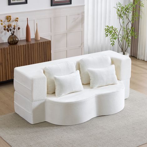 Grand canapé de sol blanc moderne avec 4 coussins décoratifs, canapé confortable en flanelle, matelas pliant en mousse haute densité, idéal pour le salon, la chambre d'amis ou la chambre à coucher, au (1/4)
