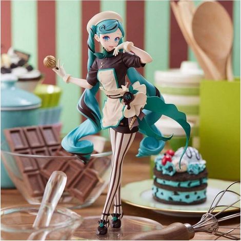 Lot japonais SEGA pâtissier MIKU chocolat noir, figurine artisanale décor paysage, collection scène sucrée, ornement miniature pour étagère, set cadeau gourmand. (1/3)