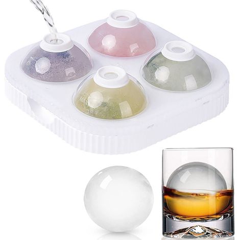 Moule à glaçons ronds pour whisky, 4 boules de glace, fond en silicone avec couvercle, facile à remplir et à démouler, grand moule à glaçons ronds pour cocktails