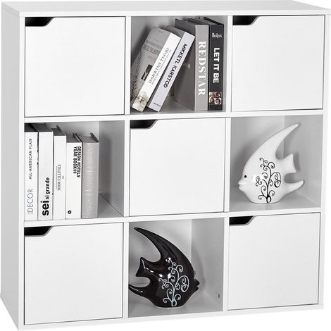 Mondeer – Bibliothèque étagère de rangement 9 compartiments – 4 ouverts et 5 avec portes – Charge max 15 kg par compartiment – Panneau de particules blanc