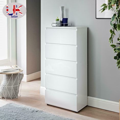 White High Gloss 5 drawer Modern Slim Side chest drawers Storage (1/2)