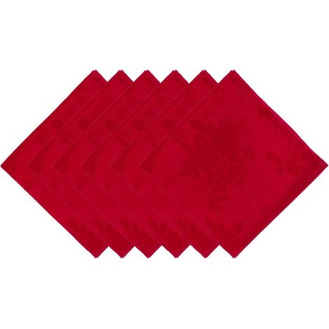 Lot de 6 serviettes en tissu rouge - 45 x 45 cm - En coton avec motif rose - Serviettes de mariage - Serviettes de table (rouge) (1/5)