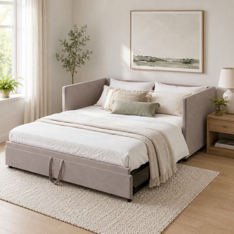Canapé convertible 2 places 90/180x200 cm, lit gigogne capitonné en velours, Canapé clic clac avec cadre métallique, sommier à lattes, Canapé 2-en-1 pour chambre ou salon, Gris