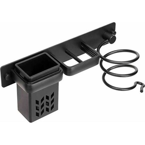 Porte Sèche-Cheveux en Aluminium Salle de Bain Rangement Accessoires Support Organisateur Ensemble et Lisseur Mural Professionnel D'étagère Avec Trous pour Hôtel de Chambre à Coucher,Noir