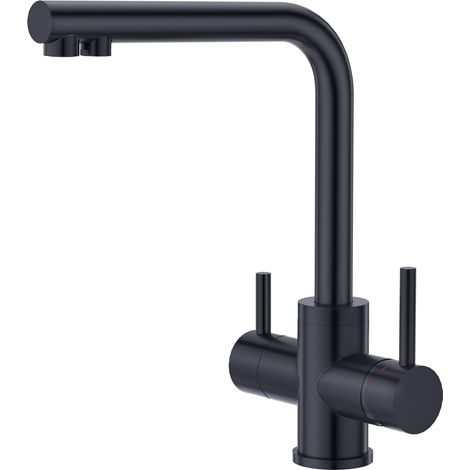 Robinet de cuisine 3 Voies R à 360°, Mitigeur 3 en 1 pour Filtre à eau, Robinet d'eau Potable avec Double Levier, Robinet de Cuisine à trois voies en acier inoxydable, Noir mat (1/5)
