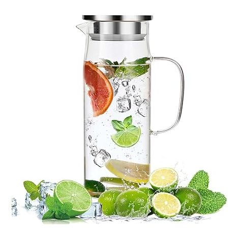 Carafe en verre, Eau avec couvercle et Anse , bouilloire résistante à la chaleur, pour eau chaude/froide, vin, thé glacé et boissons à base de jus (1/5)