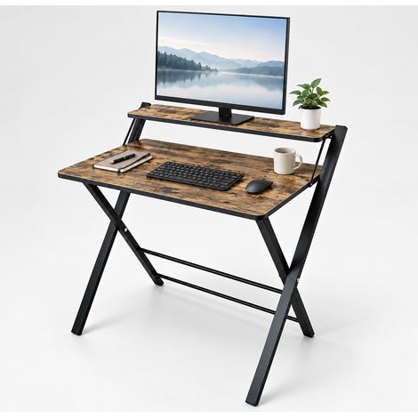 Relaxdays Scrivania pieghevole con rialzo monitor, HxLxP: 82x70x56 cm, MDF, metallo, stile industriale, marrone/nera (1/5)