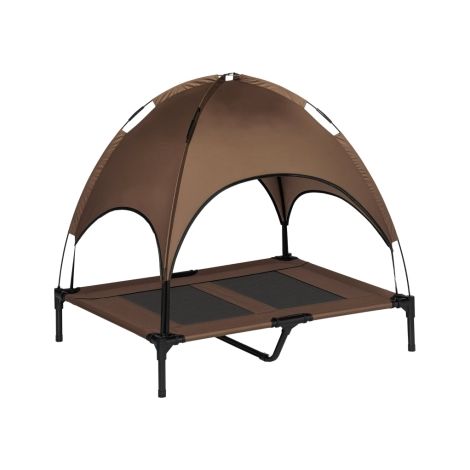 Lit surélevé pour chien avec auvent, couchage pour animaux, transat d'extérieur pour chien avec toit, respirant, en taffetas couleur café, idéal pour le camping, 92 x 76 x 90 cm