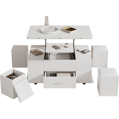 Mesa de Centro Elevable con 1 Cajón y 4 Taburetes con Almacenaje, Doble Tapa Hidráulica, Estilo Moderno, en Tablero de Partículas, Blanco (1/5)