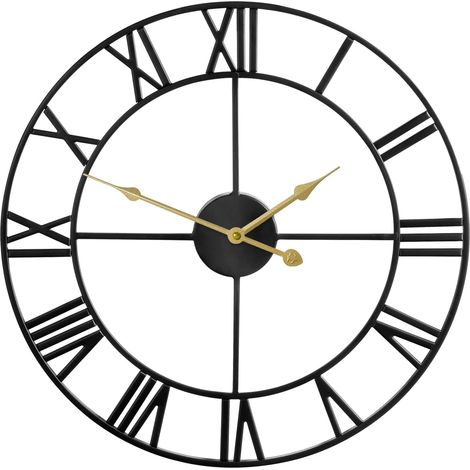 Grande horloge murale métal rétro chiffres romains, design moderne ronde presque silencieuse, facile à lire pour salon/cuisine/chambre/bureau/école déco (Noir, 40 cm) (1/4)