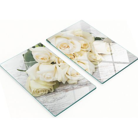 Planches décoratives multifonctions en verre pour la cuisine, motif roses blanches, 2 x 30 x 52 cm (1/5)