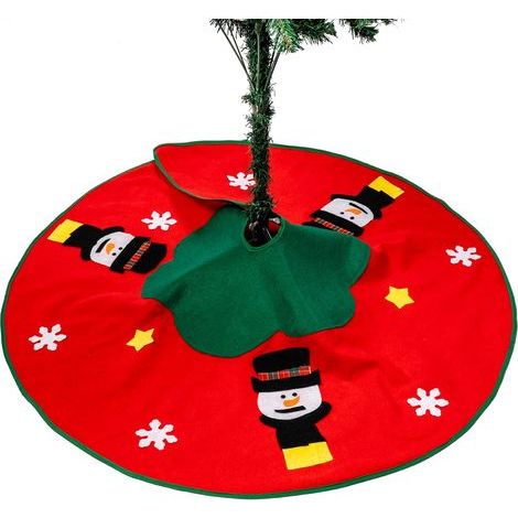 Jupe Arbre De Noël - Tissu Brossé Rouge Avec Motifs Bonhomme De Neige Et Renne - Pour Arbre De Noël Intérieur Extérieur - 1 Pièce (1/5)