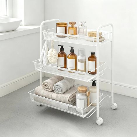 Carrito de almacenamiento con ruedas de 3 niveles con cestas, acero blanco, 45 x 26,5 x 63 cm (1/5)