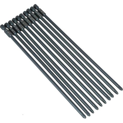 Jeu de 10 embouts de tournevis extra longs de 200 mm en acier S2 avec tête cruciforme PH2, tige hexagonale de 6,35 mm. (1/5)