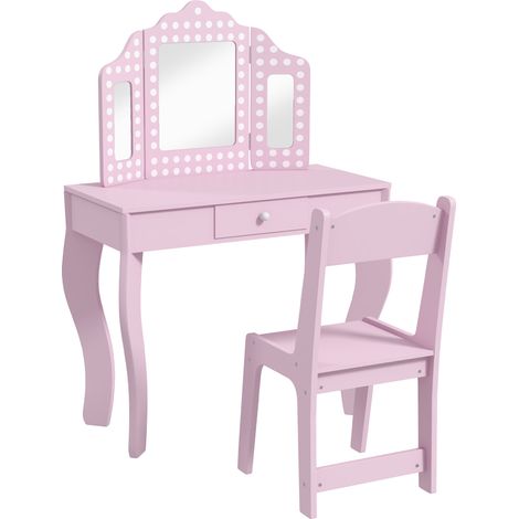 Kids Dressing Table Sets with Stool Tri-Fold Mirror, Drawer for Playroom, Bedroom - Pink (1/5)