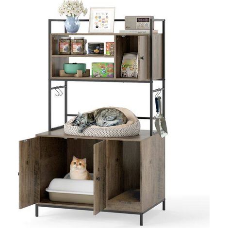 Meuble cache-litière pour chat gris en métal avec 3 étagères, placard, crochets et entrée sinueuse pour maison et appartement (1/5)