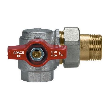 2071R Valvola a sfera SPACE a squadra ø1" con bocchettone femmina/codulo e girello con verso destro, e con leva a farfalla rossa in alluminio frontale 2071R406