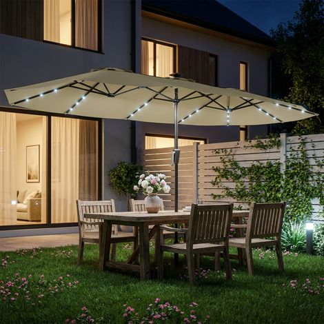 Parasol de Jardin Double 36 LED Solaires Rectangulaire UPF 50+ Structure à 12 Baleines avec Manivelle 395x215cm Beige (1/5)