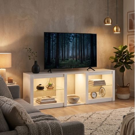 Meuble TV 160 cm avec éclairage RGB LED, étagères en verre réglables, blanc OKMYHOME (1/5)