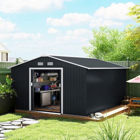 Abri de jardin acier galvanisé 12,4 m² - rangement outils - aérations - toit pente - porte double verrouillable - kit fondation - gris