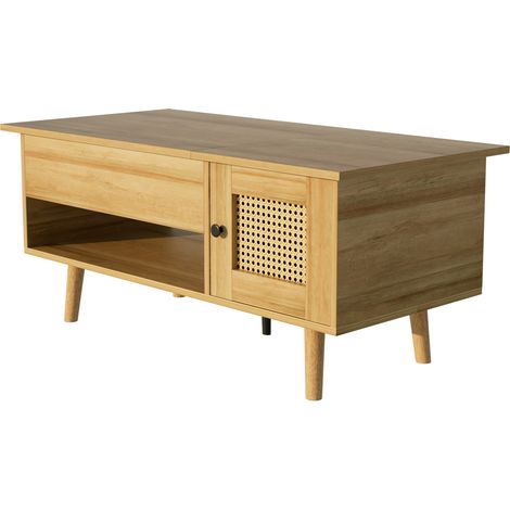 Mesa de centro elevable con puertas de ratán, color madera y negro, con espacio de almacenamiento (1/4)