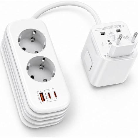 Adaptateur de voyage universel avec câble de 1,8 m, double prise de voyage pour EU/DE, prise de voyage mondiale avec USB C PD 30 W et 3 USB, adaptateur international pour USA, UK, AU, 2500 W (1/5)