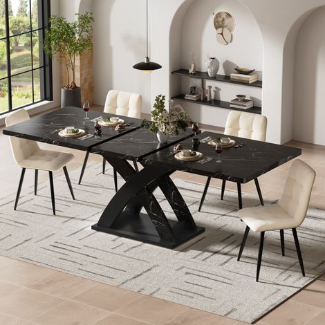 Table à manger extensible en bois 120-160x80x75 cm avec rallonges en métal, noire, pour 6 personnes (1/5)