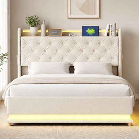 Cama canapé LED 140 x 200 cm con USB, almacenamiento hidráulico, beige DESVIAE (1/5)