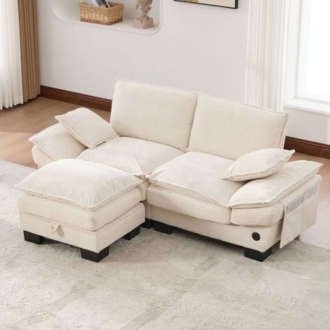 Canapé 2 places - SOGEU - 2 Places Velours Côtelé Beige - Modulable avec pouf coffre - USB-C - Assise mousse haute densité (1/5)