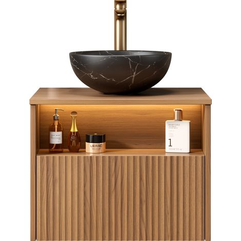 Meuble vasque suspendu 60 cm avec vasque en céramique noire, tiroir et niche ouverte, éclairage LED sensoriel et montage déjà réalisé  CHICFURN (1/5)