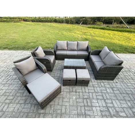 Fimous Ensembles de meubles de jardin 10 places Ensemble de canapés en rotin avec Table basse rectangulaire Chaise inclinable Canapé d'amour 3 Tabourets (1/5)