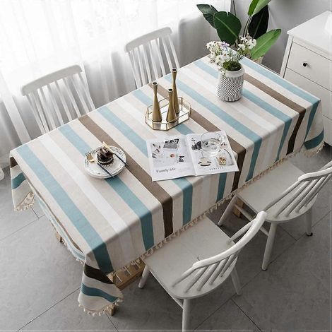 Nappe en coton et lin, style simple, chemin de table à rayures et pompons. (1/3)